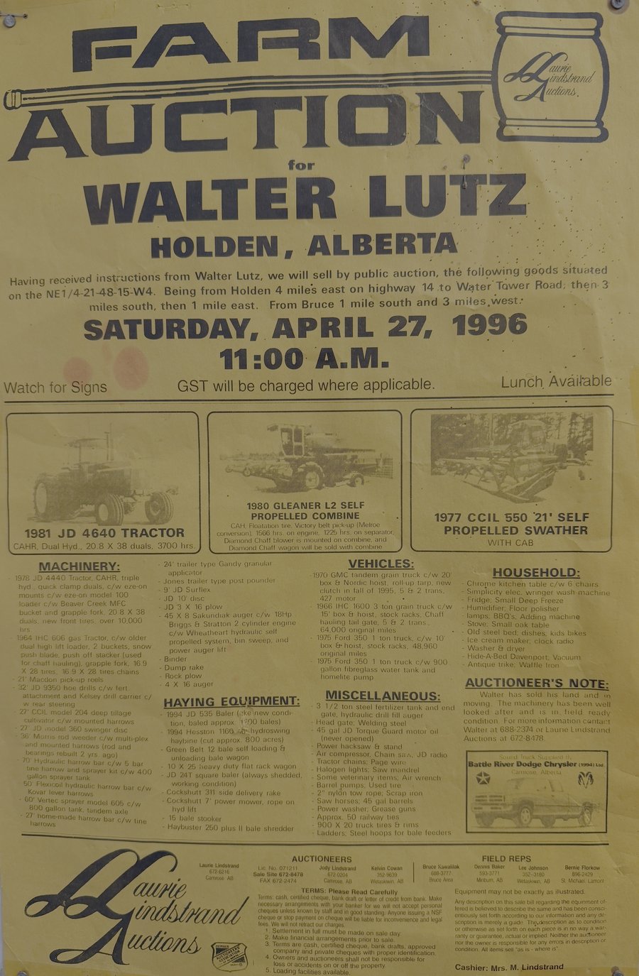 The full yellow auction sale bill for Walter Lutz, Holden, Alberta, April 27, 1996