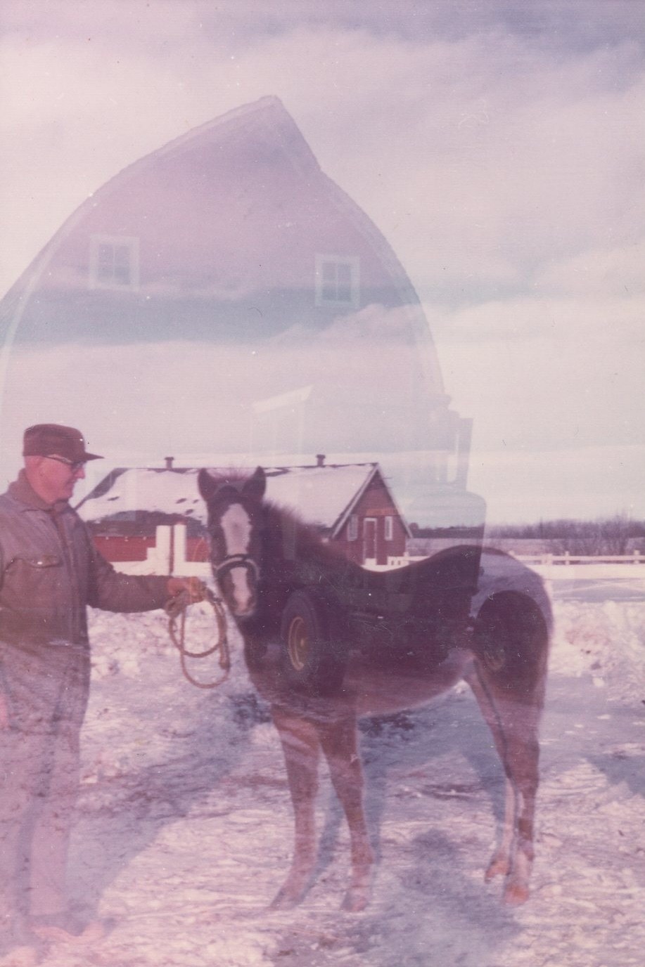 A double-exposed photograph: Walter in cap and winter jacket holding a horse in the snow, with the tall curved end of the little barn ghosted across the whole frame