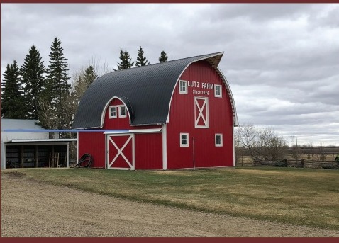 The red Lutz Farm barn with its gambrel roof, photographed under a cloudy prairie sky