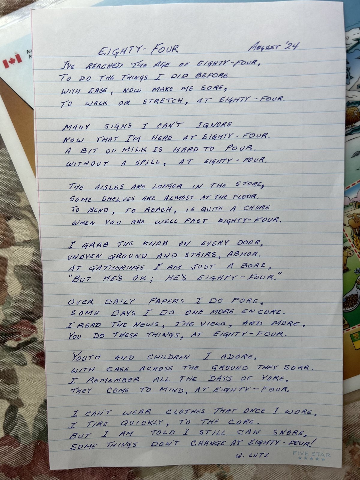 The poem Eighty-Four in Walter’s careful hand-printed block letters on lined paper, signed W. Lutz, dated August ’24