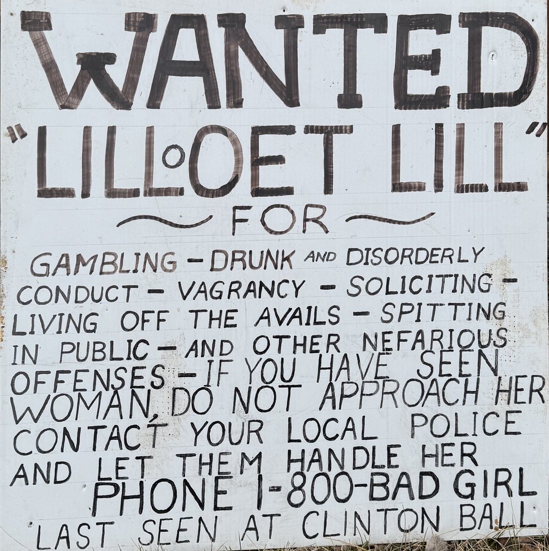 Hand-lettered wanted poster: Lillooet Lill