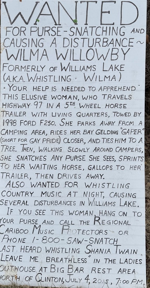 Hand-lettered wanted poster: Whistling Wilma
