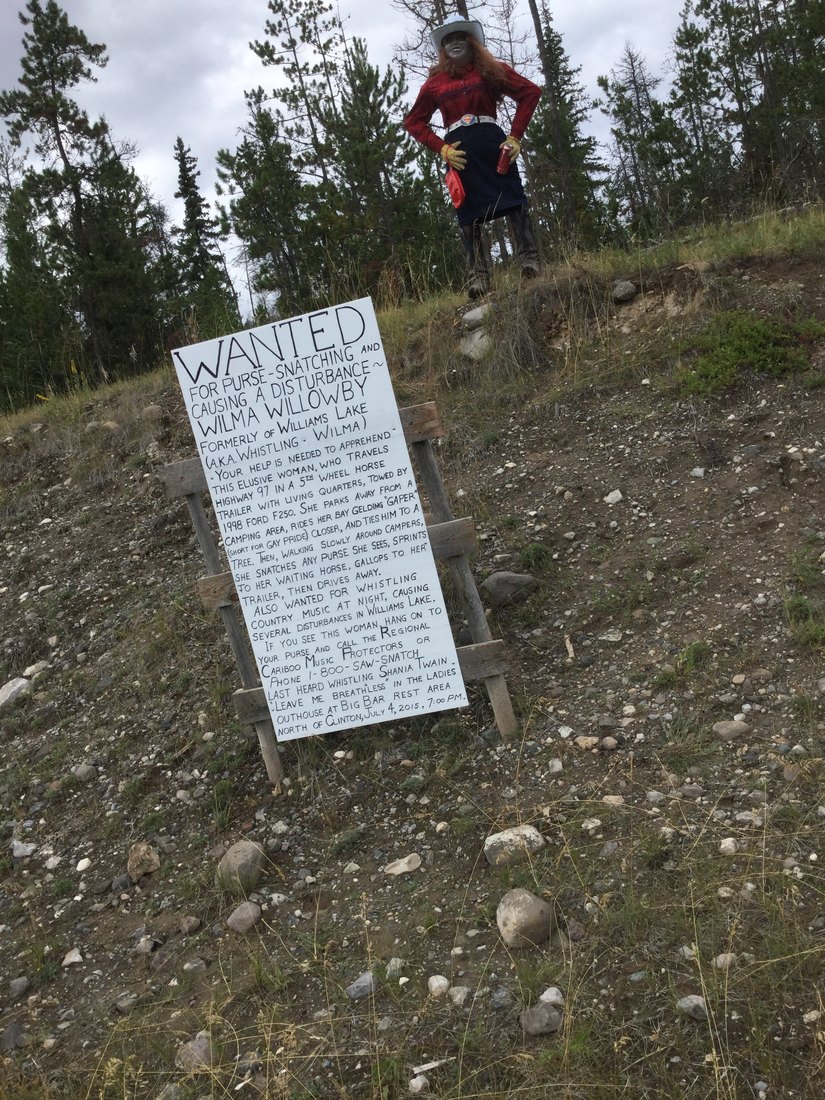 Whistling Wilma in a red jacket standing on the ridge above her long hand-lettered wanted sign